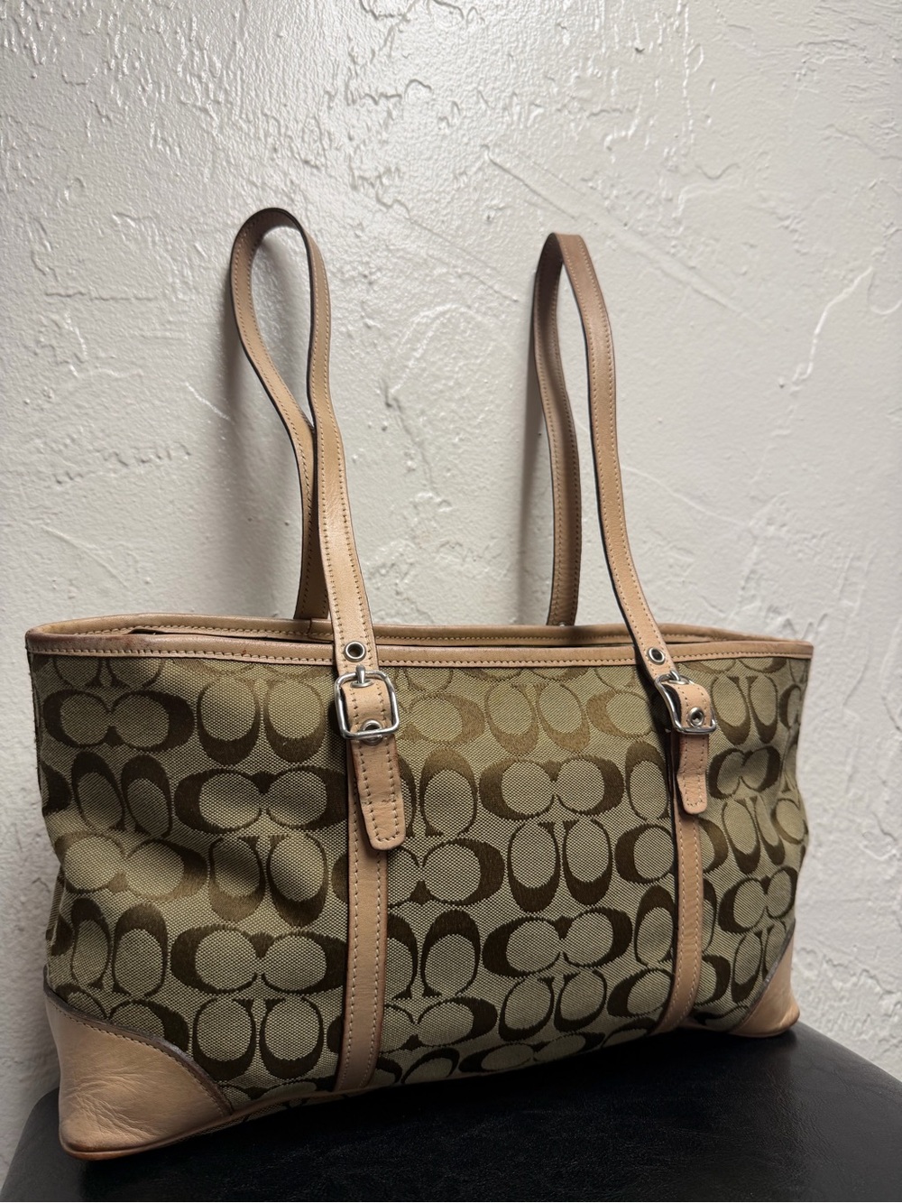 Vintage Coach Tan and Khaki Signature Canvas Tote